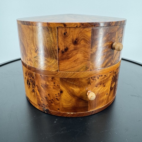 Morocco Jewellery Box Thuya Wood Aromatic Marquetry 2 Drawer Cylinder Drum Heavy - Picture 13 of 14